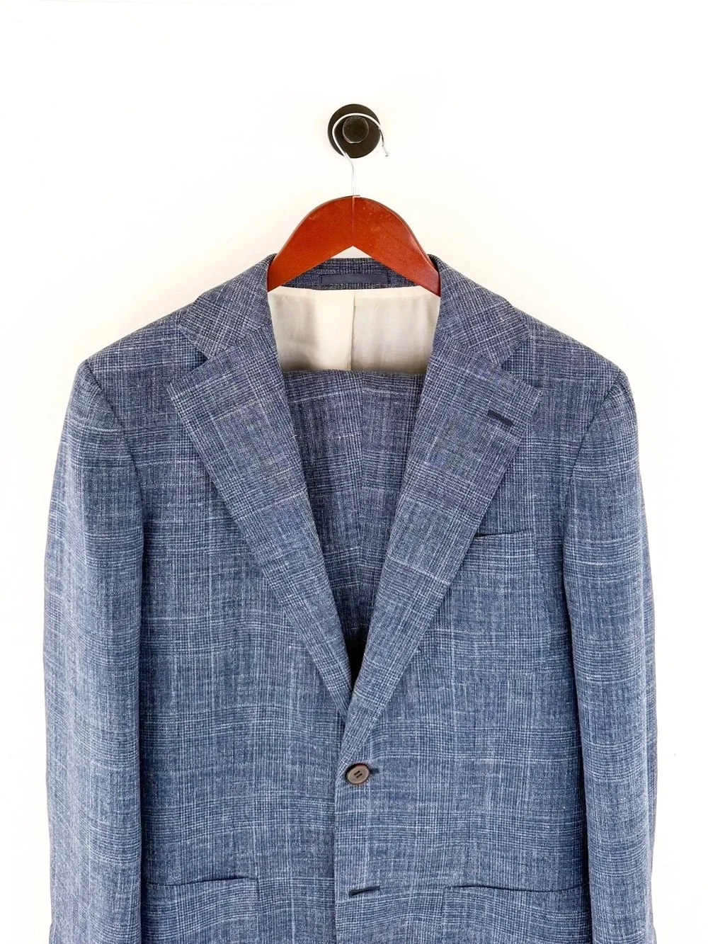 Suitsupply Hudson E. Thomas Wool Silk Linen Suit Blue Plaid Textured Weave 38R